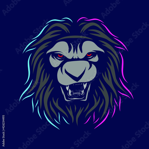Fototapeta Naklejka Na Ścianę i Meble -  Lion head face vector silhouette line pop art potrait logo colorful design with dark background. Abstract vector illustration. 