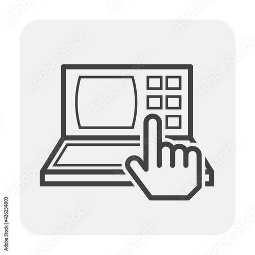 Computer controller vector icon. Human hand of manipulators to program control machine equipment on screen. Concept of  innovation development, automated machine, engineering and technology.

