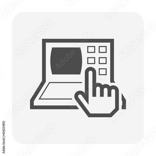 Computer controller vector icon. Human hand of manipulators to program control machine equipment on screen. Concept of  innovation development, automated machine, engineering and technology.

