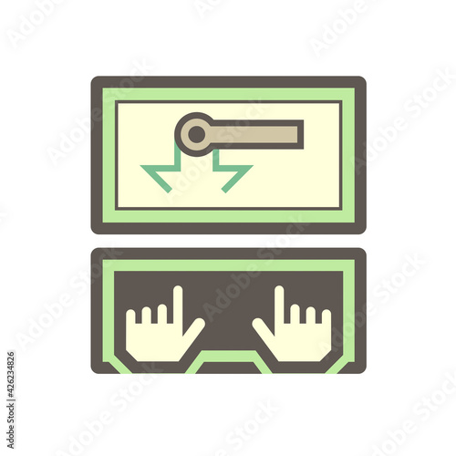 Robot hand in computer screen to show robot working control by computer, vector icon design on white background.