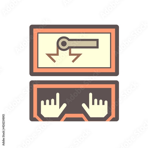 Computer controller vector icon. Human hand of manipulators to program control robotics hand arm on screen. Concept of  innovation development, automated machine, engineering and technology.