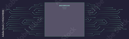 Vector abstract background on the theme of digital technology, future, cyberpunk. Dark background with bright lines computer elements. Banner template design for web, copyspace.