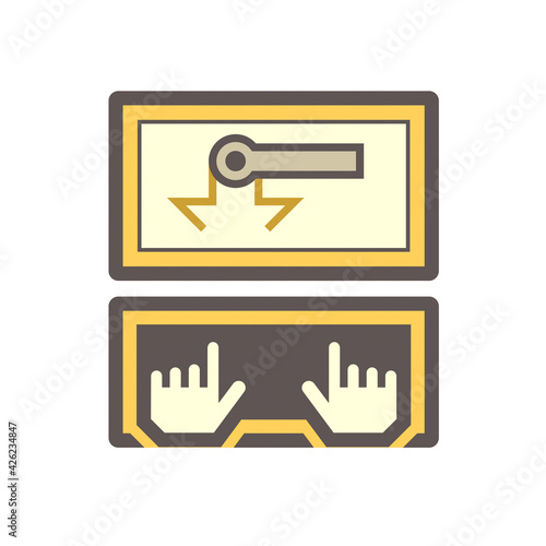 Computer controller vector icon. Human hand of manipulators to program control robotics hand arm on screen. Concept of  innovation development, automated machine, engineering and technology.