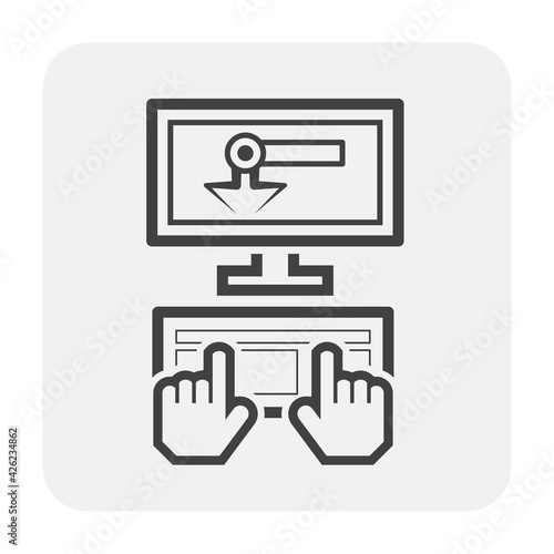 Computer controller vector icon. Human hand of manipulators to program control robotics hand arm on screen. Concept of  innovation development, automated machine, engineering and technology.
