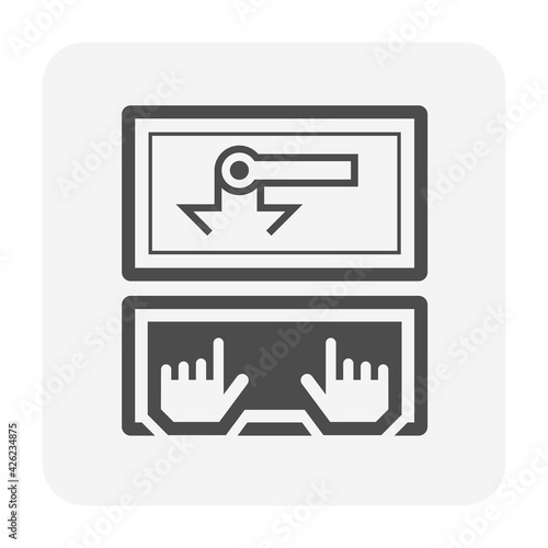 Computer controller vector icon. Human hand of manipulators to program control robotics hand arm on screen. Concept of  innovation development, automated machine, engineering and technology.