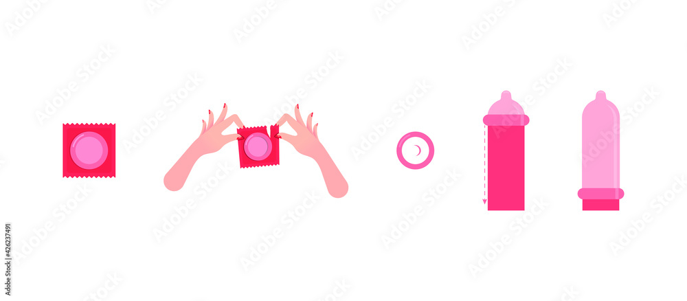 Instructions for the use of condoms. Condom in the package, hands tear the package, put on the condom from top to bottom. Vector illustration, flat cartoon design, isolated on white background. 