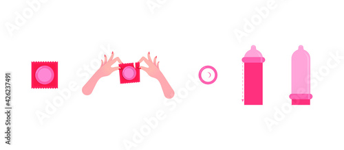 Instructions for the use of condoms. Condom in the package, hands tear the package, put on the condom from top to bottom. Vector illustration, flat cartoon design, isolated on white background. 