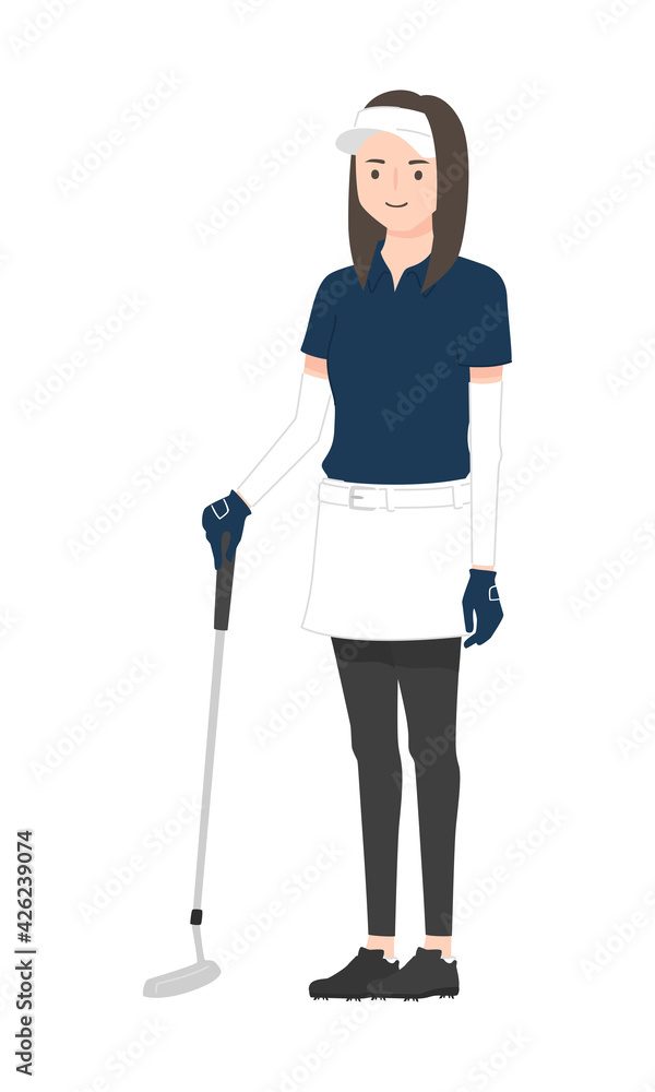 UVゴルフウェアを着た女性のイラスト。ゴルフクラブを持って立っている若い女性。