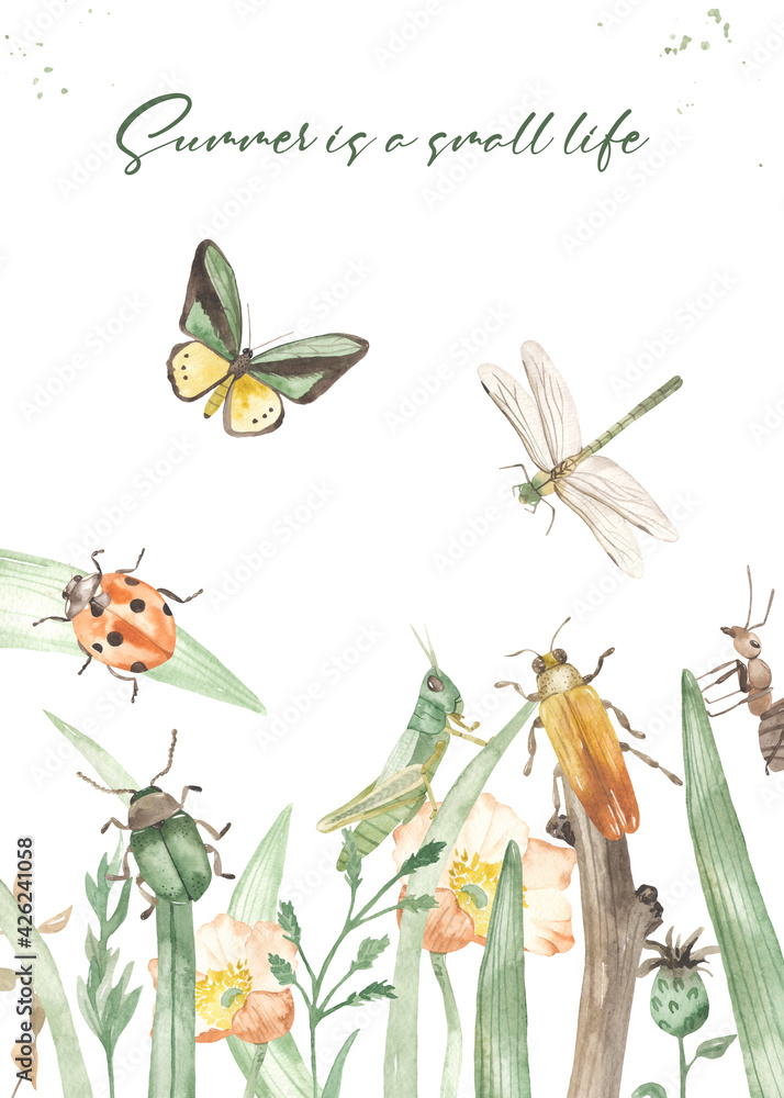 Watercolor seamless border gray with insects in dry grass, moth, ant, spider, snail, mushroom