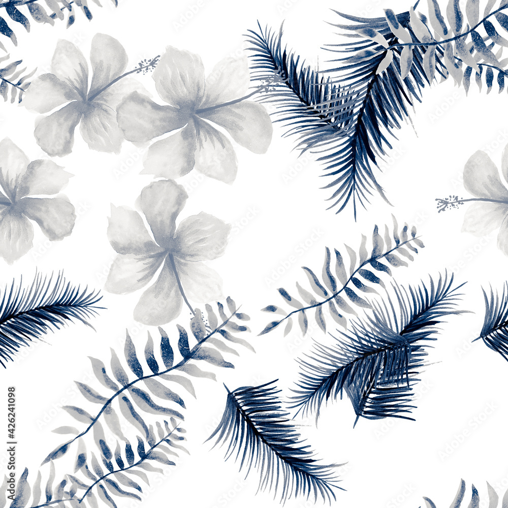 Gray Seamless Texture. Cobalt Pattern Leaf. Navy Tropical Vintage. Indigo Spring Palm. Blue Decoration Painting. Drawing Plant. Watercolor Illustration. Gray Seamless Texture. Cobalt Pattern Leaf. Navy Tropical Vintage. Indigo Spring Palm. Blue Decoration Painting. Drawing Plant. Watercolor Illustration.