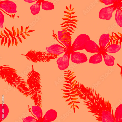 Scarlet Seamless Hibiscus. Red Pattern Vintage. Ruby Tropical Leaves. Pink Flower Texture. Coral Drawing Leaves. Spring Painting. Flora Vintage. Floral Texture.