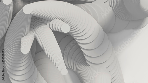 Abstract creative modern parametric white light 3D three-dimensional background. A complex geometric rounded volume cut into many parts forming steps. 3d illustration