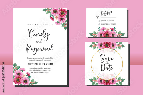 Floral Frame Wedding invitation, floral watercolor hand drawn Zinnia Flower design Invitation Card Template
