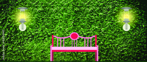 a street lantern with plant green wall. Light pink chair