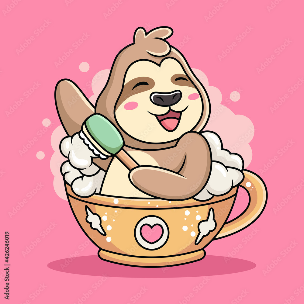 Fototapeta premium Cute Sloth Swim on Cup of Coffee Cartoon. Animal Vector Icon Illustration, Isolated on Pink Background