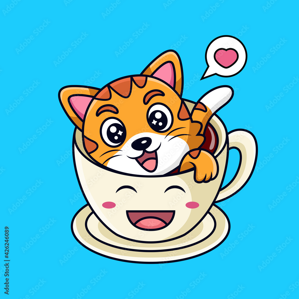 Fototapeta premium Cute Cat Swim on Cup of Coffee. Animal Vector Icon Illustration, Isolated on Premium Vector