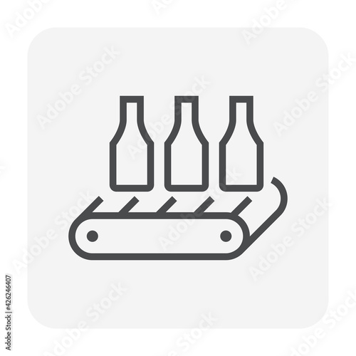 Beverage industry vector icon. That business process automation and technology consist of row bottle packaging on conveyor belt in production line to manufacturing or produce drink product. 64x64 px.