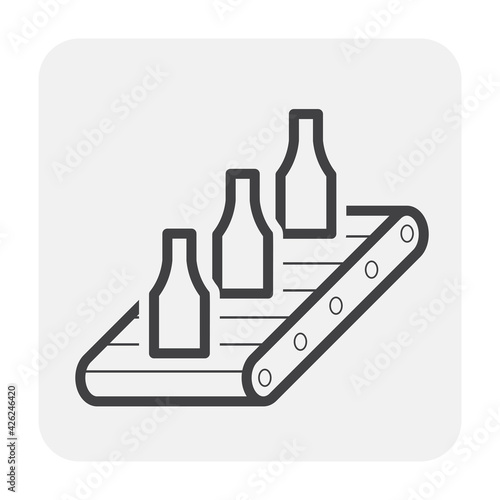 Beverage industry vector icon. That business process automation and technology consist of row glass bottle packaging on conveyor belt in production line to manufacturing or produce drink product.