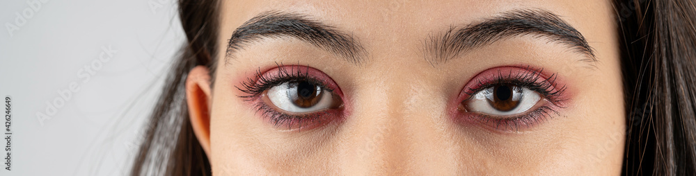 Macro shot of woman eye makeup with red eyeshadow. Close-up of woman eyelashes. Panoramic shot. Macro shot of woman eye makeup with red eyeshadow. Close-up of woman eyelashes. Panoramic shot.