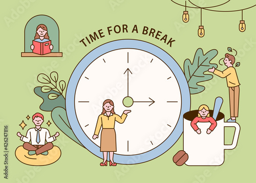 People having tea break time. People are reading, meditating, drinking tea, and relaxing. flat design style minimal vector illustration.