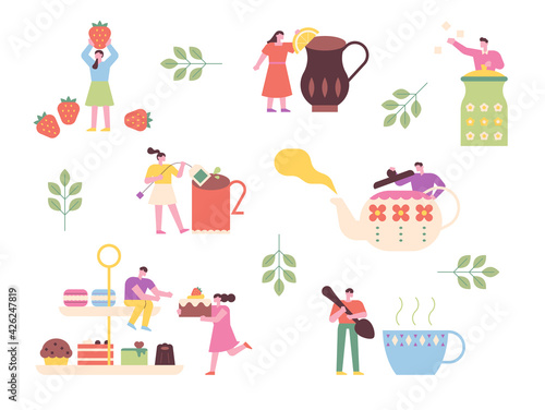 People are having tea time with giant teapots and desserts. flat design style minimal vector illustration.