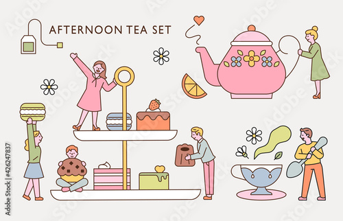 Small people are enjoying afternoon tea with a huge tea set. flat design style minimal vector illustration.