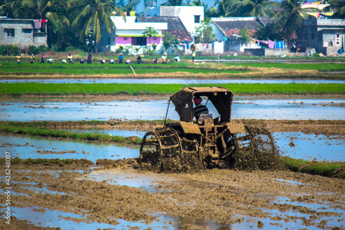 Indian agriculture. Cultivating the lands with the help of Tractors. India is well known of Tractor manufacturing.