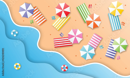 hello summer with beach landscape background. paper art style. vector Illustration.