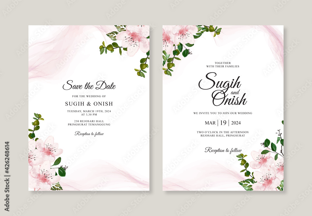 Beautiful wedding card invitation template with hand drawn watercolor floral
