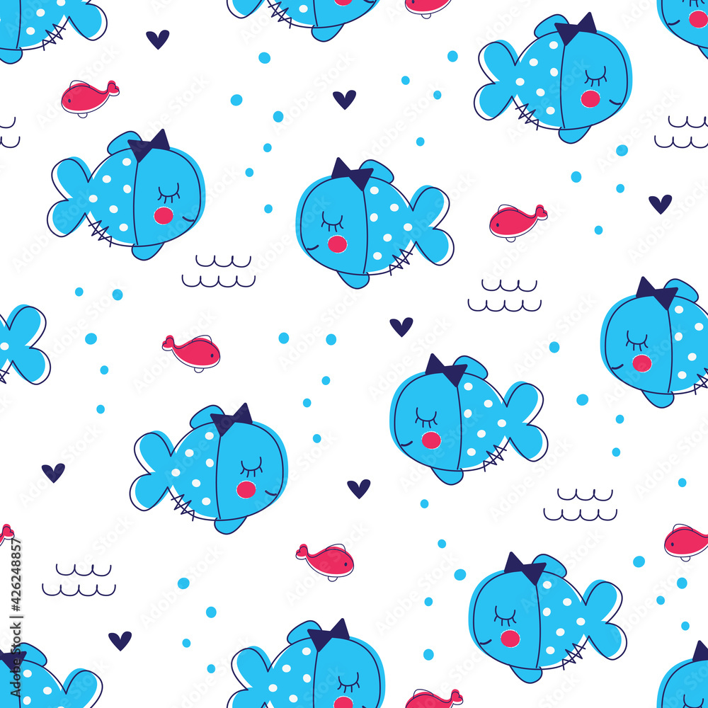 Cute blue fish seamless pattern