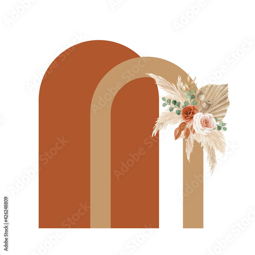 Beautiful Bohemian wedding arch decoration with rose, eucalyptus pampas and dry leaves