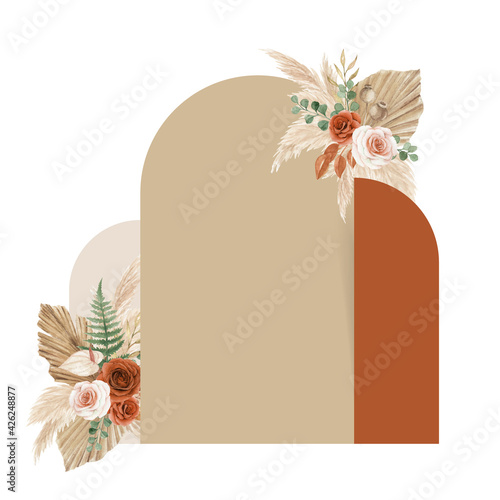 Lovely terracotta Bohemian wedding decoration design with rose, eucalyptus, pampas and dry leaves