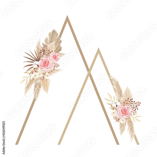 Lovely Boho wedding arch with pink roses and dry leaves