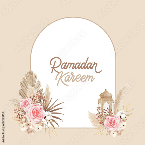 Beautiful Ramadan Kareem Card Design with Bohemian dry floral decoration