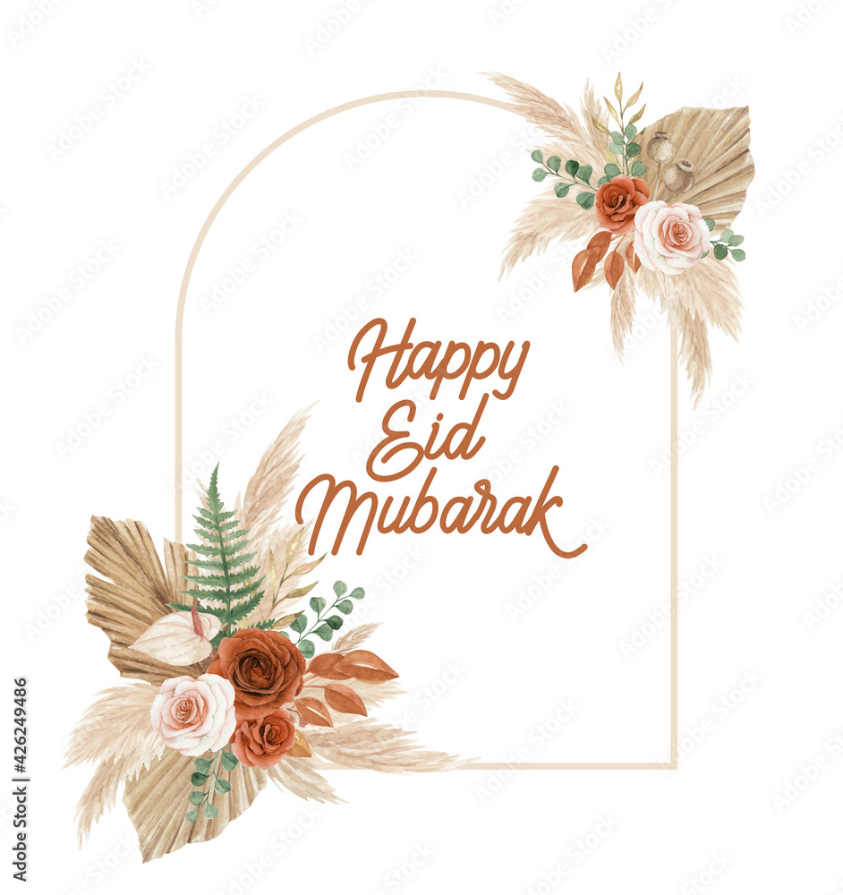 Eid Mubarak greeting card template with beautiful bohemian flower