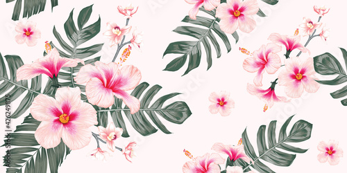 Seamless pattern floral with pink  Hibiscus and Orchid flowers on isolated pastel color background.Vector illustration hand drawn.For fabric fashion print design or product packaging.