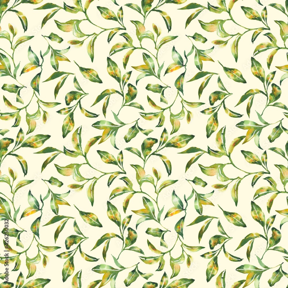 Watercolor illustration. seamless pattern, green leaves on a light background. design for textiles, clothing, wrapping paper, print for dishes, home. Watercolor illustration. seamless pattern, green leaves on a light background. design for textiles, clothing, wrapping paper, print for dishes, home.