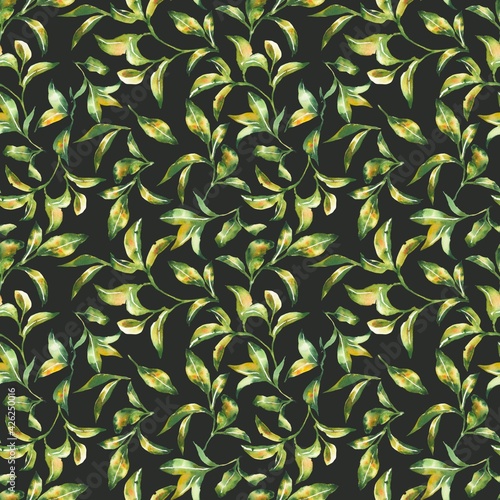 Watercolor illustration.  seamless pattern  green leaves on a  dark  background.  design for textiles  clothing  wrapping paper  print for dishes  home.