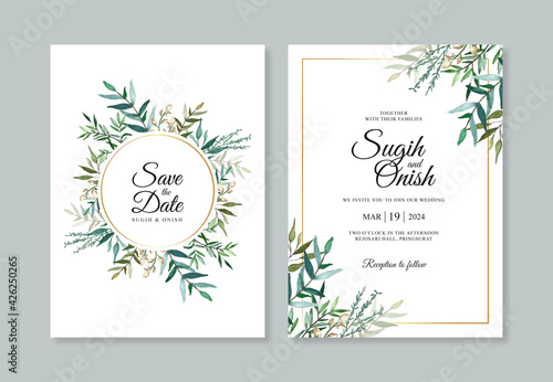 Beautiful wedding card invitation template with watercolor foliage