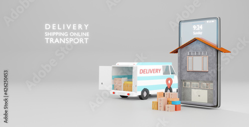 Online Global logistic van delivery on smartphone. 3d rendering