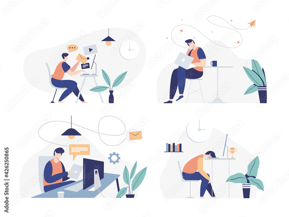 Lifestyle working stay at home. Man working on laptop computer at home. freelance, work at home. Vector Lifestyle working stay at home. Man working on laptop computer at home. freelance, work at home. Vector