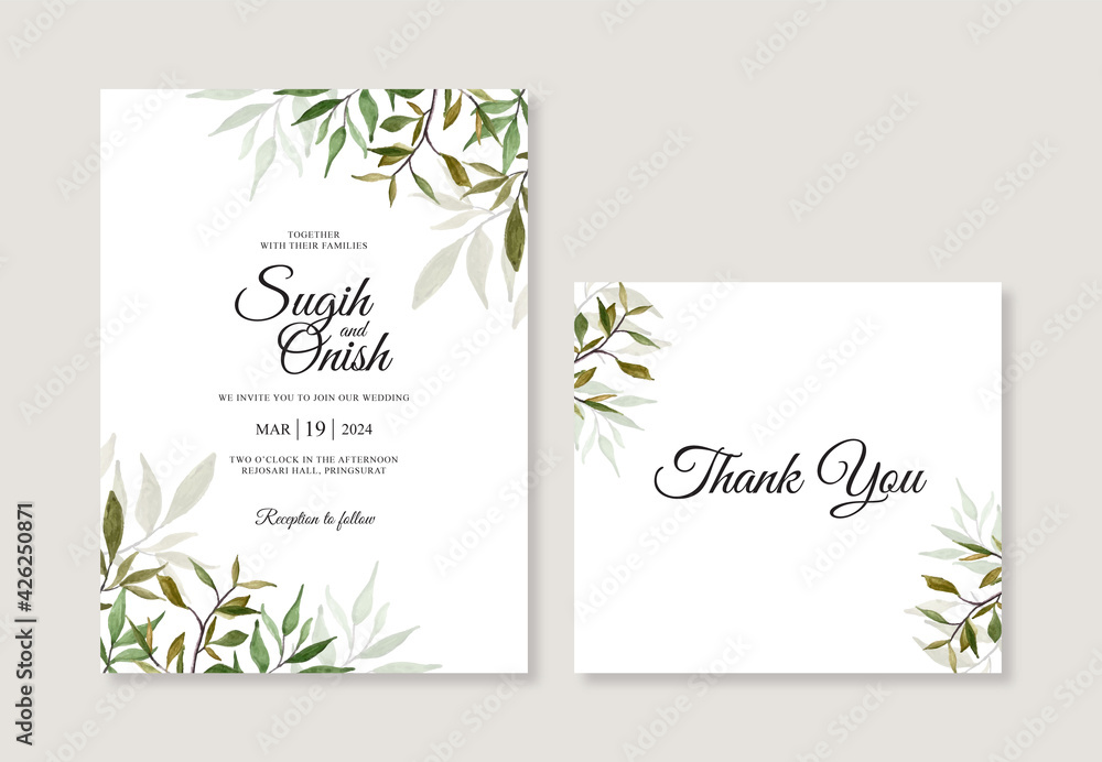 Wedding invitation card template with watercolor foliage