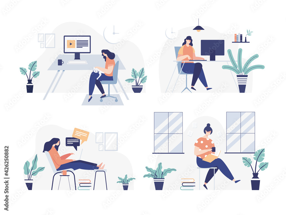 Lifestyle working stay at home. Women working on laptop computer at home. freelance, work at home. Vector Lifestyle working stay at home. Women working on laptop computer at home. freelance, work at home. Vector