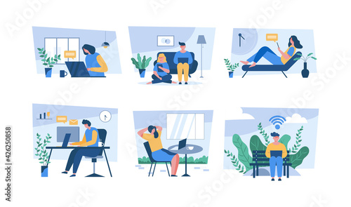 Smiling thoughtful young men and women working and relax at home. Vector Illustration