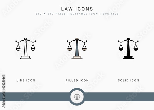 Law icons set vector illustration with solid icon line style. Government public election concept. Editable stroke icon on isolated background for web design, user interface, and mobile app
