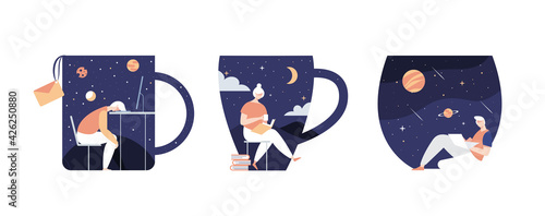 Work style at night And drinking coffee. Vector Illustration