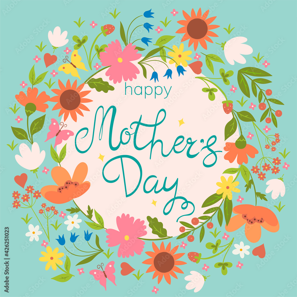 Naklejka premium Happy Mother's Day card with flowers. Vector graphics.
