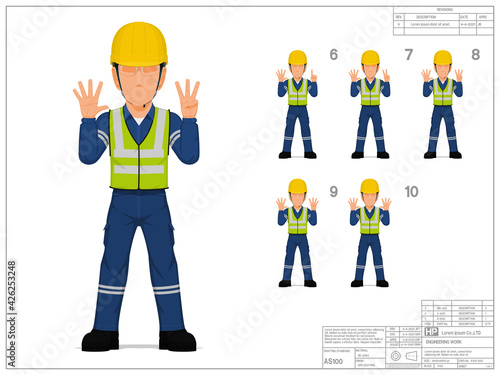 Set of industrial worker raise hand 6-10 on white background