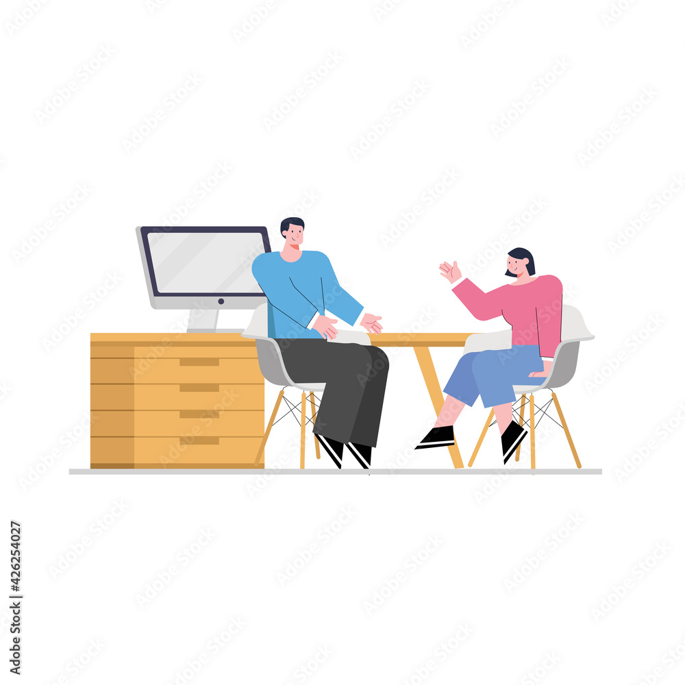 illustration of office workers discussing the workflow process illustration of office workers discussing the workflow process