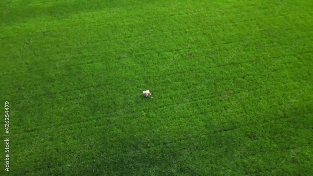 Farmer working in a rice field near Bangkok, Thailand, aerial directly above Farmer working in a rice field near Bangkok, Thailand, aerial directly above